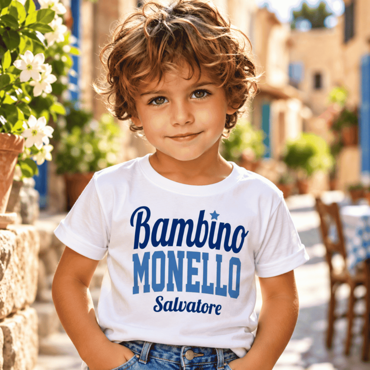 Personalized Bambino Monello Italian boys T-shirt in blue, custom name Italian heritage shirt for boys, Italian grandson gift, Italy-inspired kids clothing and unique gift for Italian families.