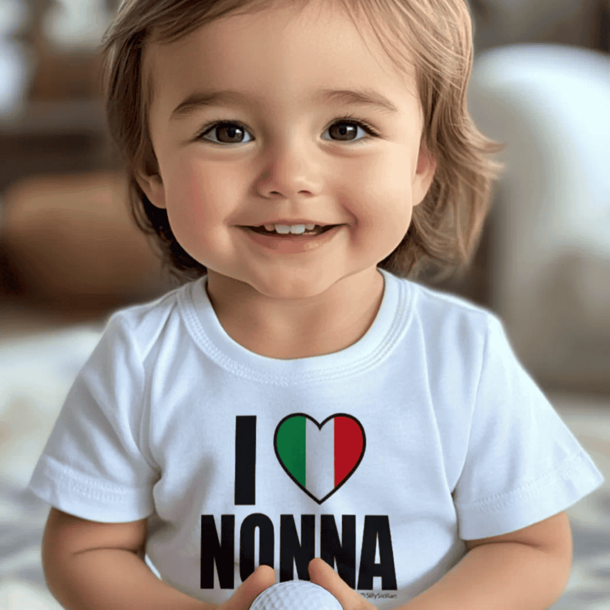 Child wearing a white shirt with 'I ❤️ NONNA' text, personalized gift for grandmother's name - Italian heritage gift