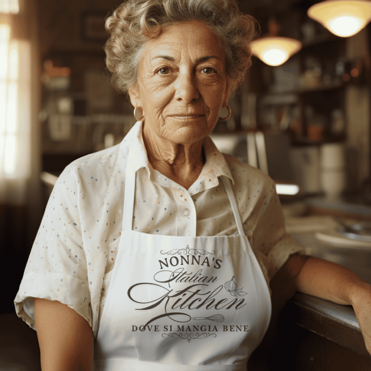 Woman wearing a 'Nonna's Italian Kitchen' apron with classic elegant typography design