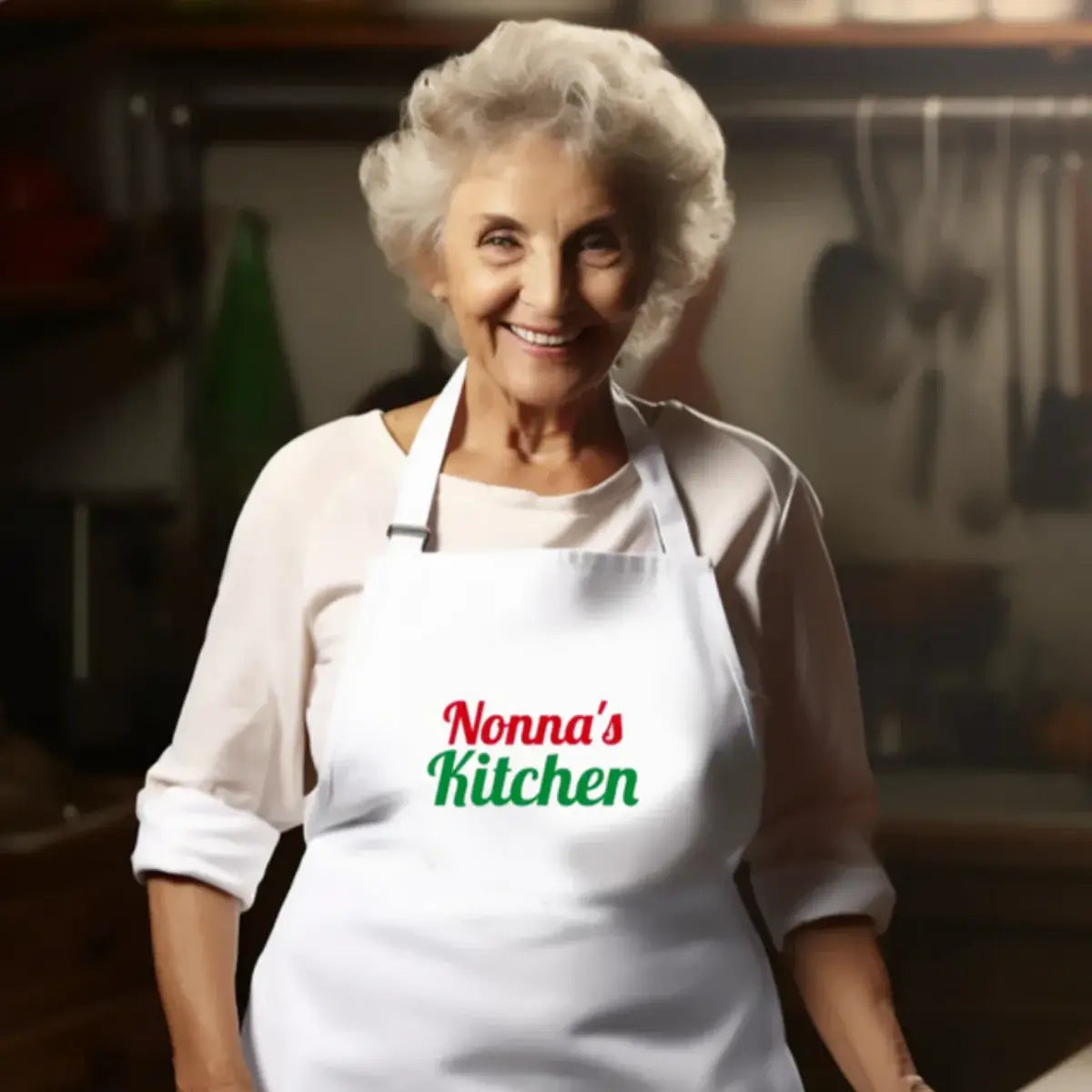 White apron with Nonna's in red and Kitchen in green. Italian heritage gift for grandmother, gift for Nonna, Mother's Day gift, Christmas gift, housewarming gift, gift for Italian grandma.