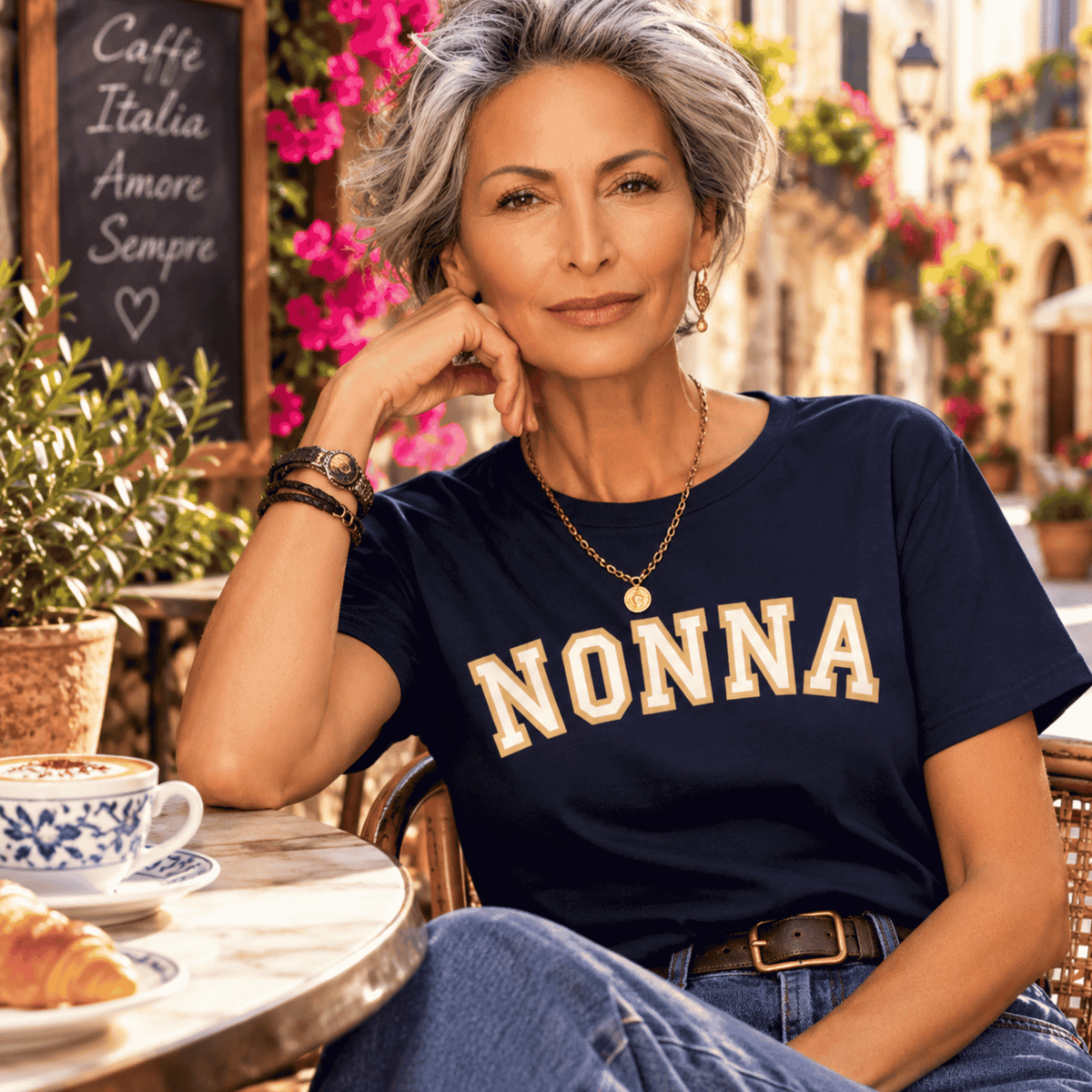 Stylish silver-haired Italian grandmother wearing a navy blue NONNA T-shirt with cream varsity lettering, enjoying cappuccino at a charming Italian café. A thoughtful gift for Nonna, Mother's Day, birthdays, or proud Italian grandmothers.