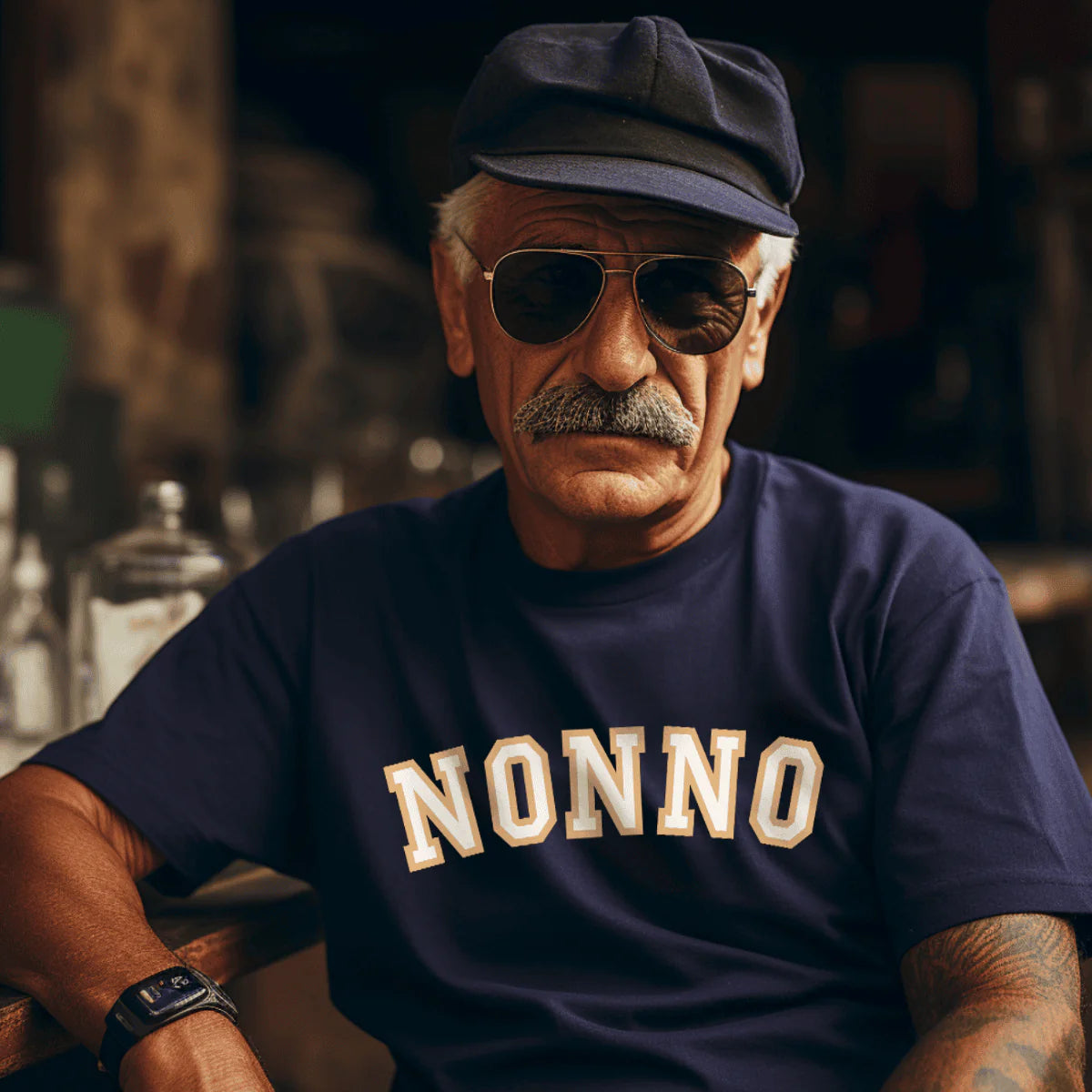 Man wearing a navy blue t-shirt with 'NONNO' printed on it, sunglasses, and a cap.
