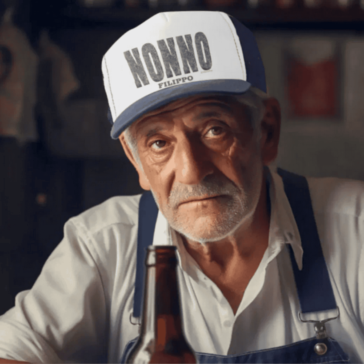 Man wearing a printed trucker hat with 'NONNO' and personalized name