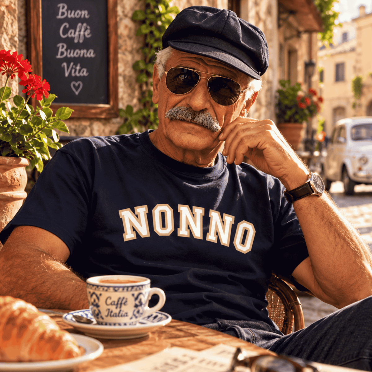 Distinguished Italian grandfather wearing a navy blue NONNO T-shirt with vintage varsity lettering, flat cap and aviator sunglasses, enjoying espresso at a sunlit Italian village café. A thoughtful Italian heritage gift for Nonno, Father's Day, birthdays or Grandparents Day.