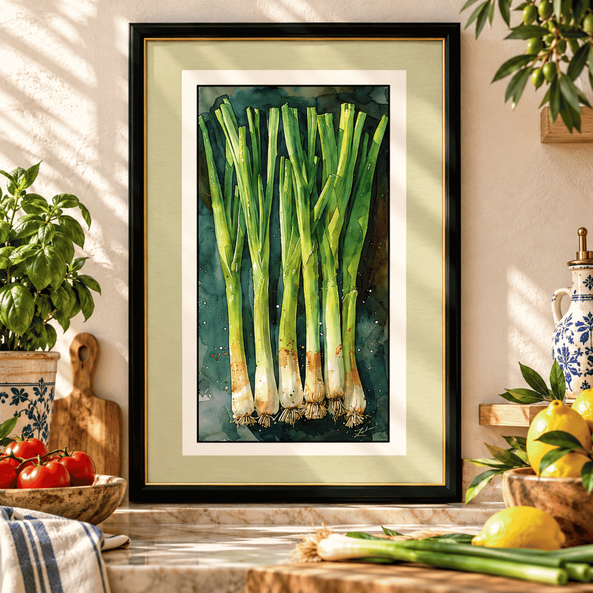 Framed green onion watercolor wall art featuring fresh scallions on a deep green background, Italian kitchen décor, vegetable wall art, Mediterranean farmhouse kitchen art and food lover gift.