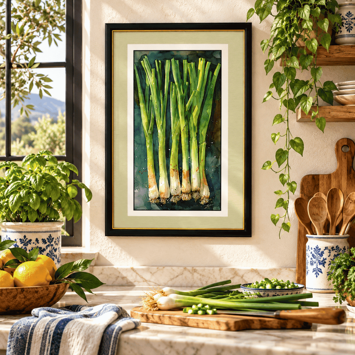 Green onion watercolor wall art displayed in a sunlit Mediterranean kitchen, framed scallion print with fresh herbs, lemons and rustic décor, Italian kitchen wall art and farmhouse food artwork.