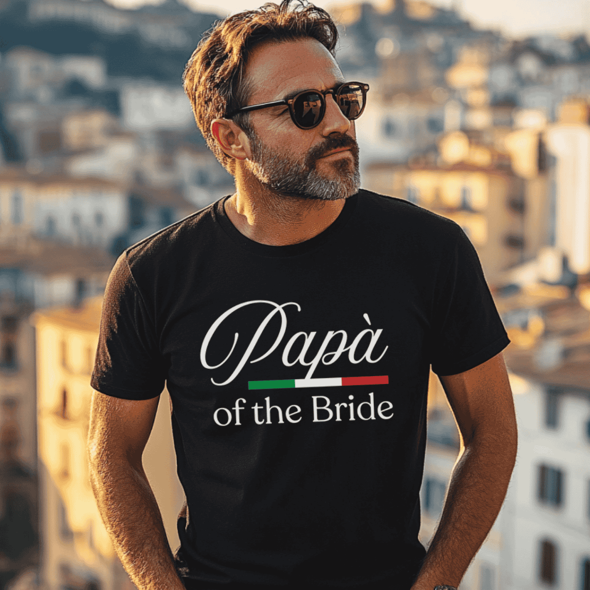 Papa of the Bride design with elegant lettering and Italian flag accent, part of a coordinated bridal party collection celebrating family and heritage.