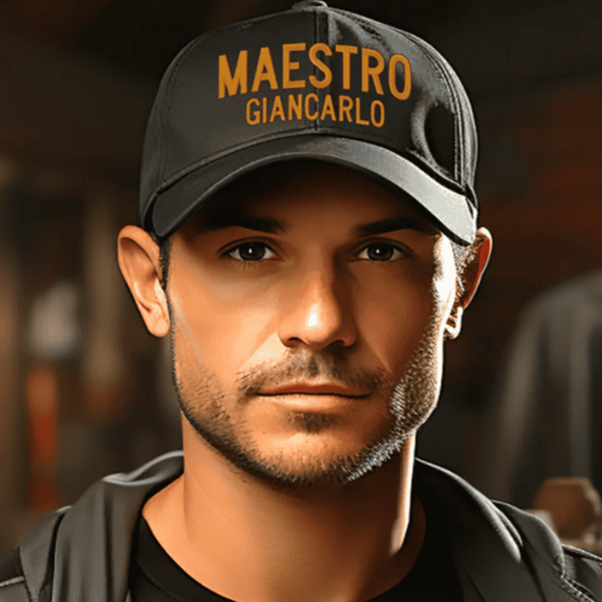 Man wearing a personalized cap with 'MAESTRO GIANCARLO' - Italian Sicilian Father's day gift for dad or nonno