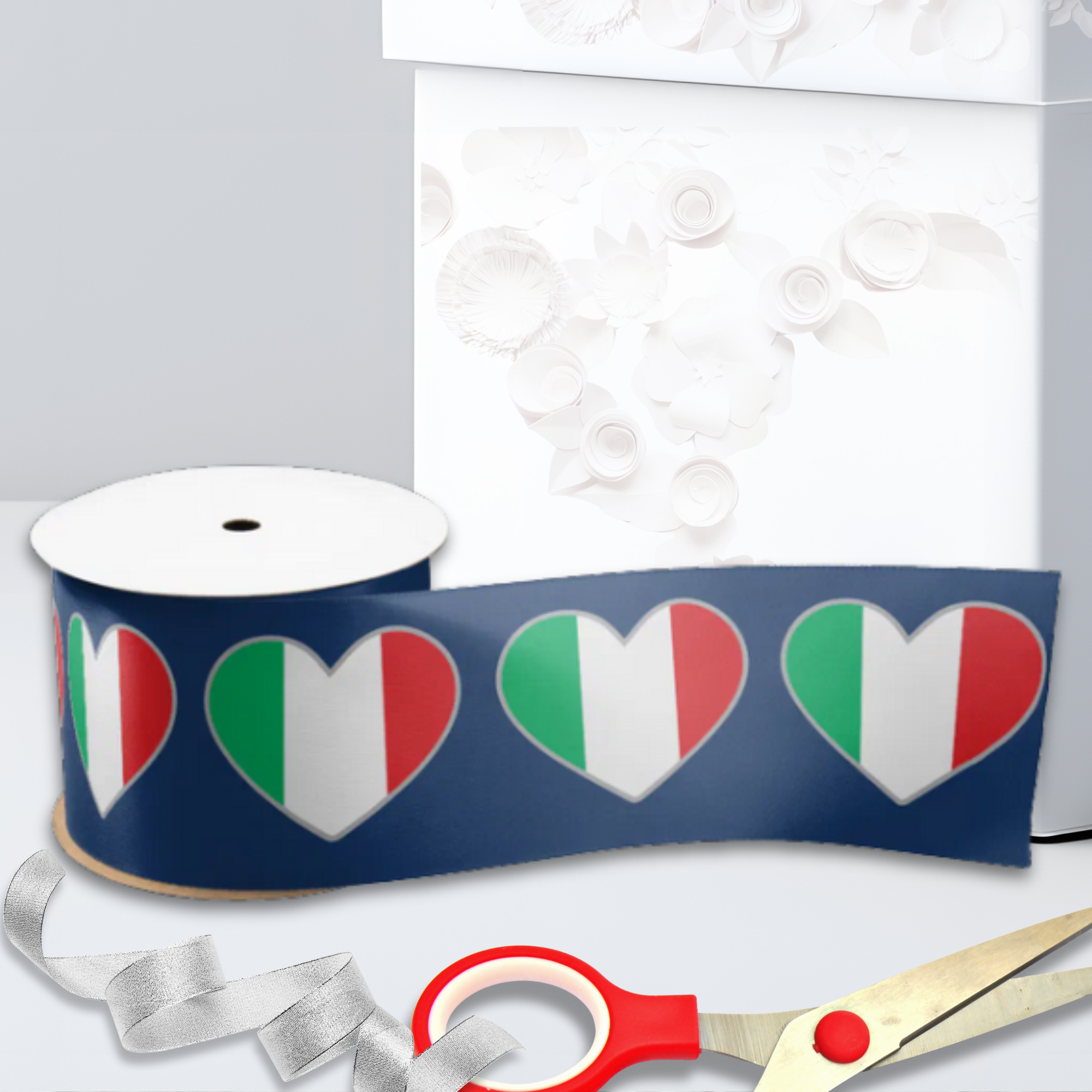 Royal blue satin ribbon with Italian flag hearts pattern, Italian gift wrapping ribbon, Italian heritage craft supplies, gift decoration, Italian party supplies, wedding or celebration ribbon