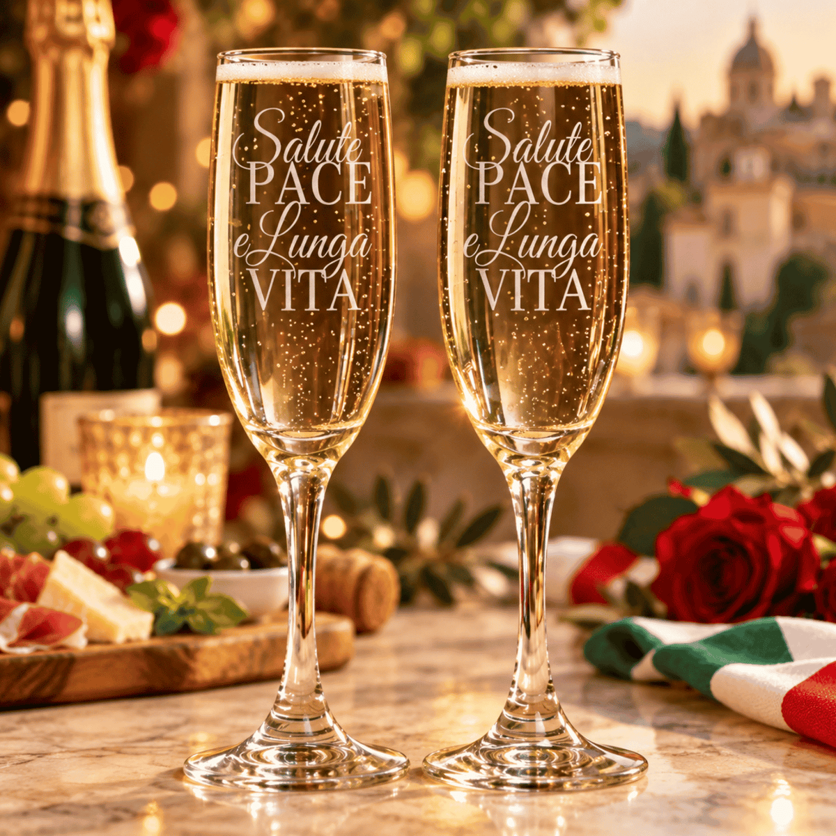 Italian champagne flutes featuring “Salute Pace e Lunga Vita” design, a unique Italian wedding, anniversary, engagement or celebration gift for couples and Italian families.
