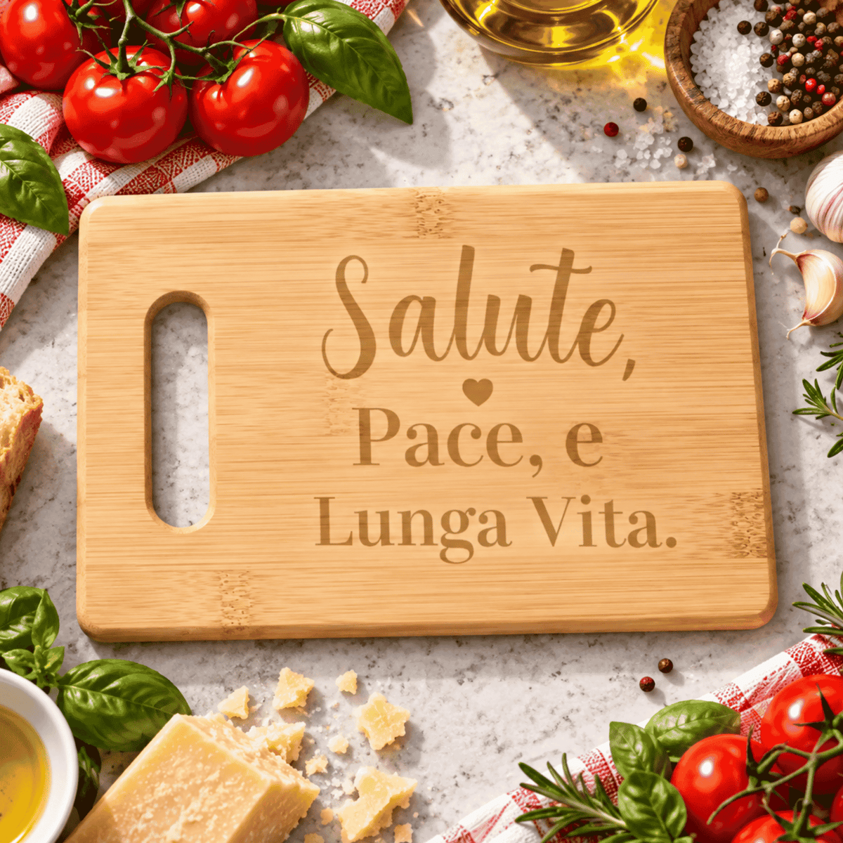 Italian bamboo cutting board engraved with “Salute, Pace, e Lunga Vita” — health, peace and long life — a meaningful Italian wedding, anniversary, housewarming, hostess or Italian heritage gift.