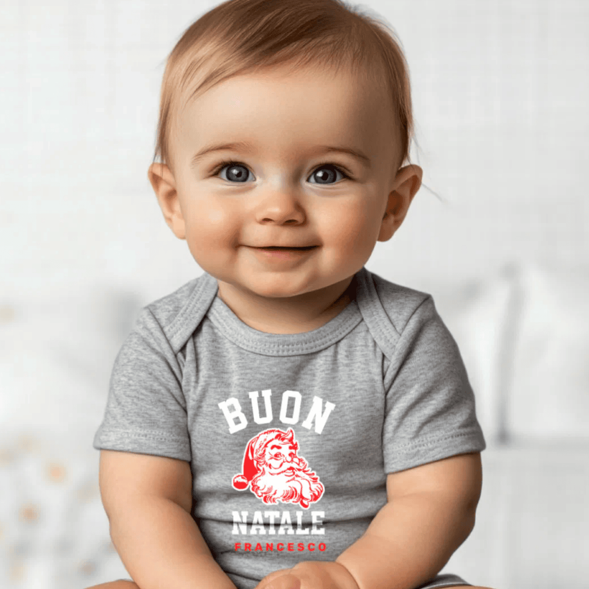 Baby wearing a gray onesie with 'Buon Natale Francesco' text and vintage santa - personalized Italian heritage baby gift