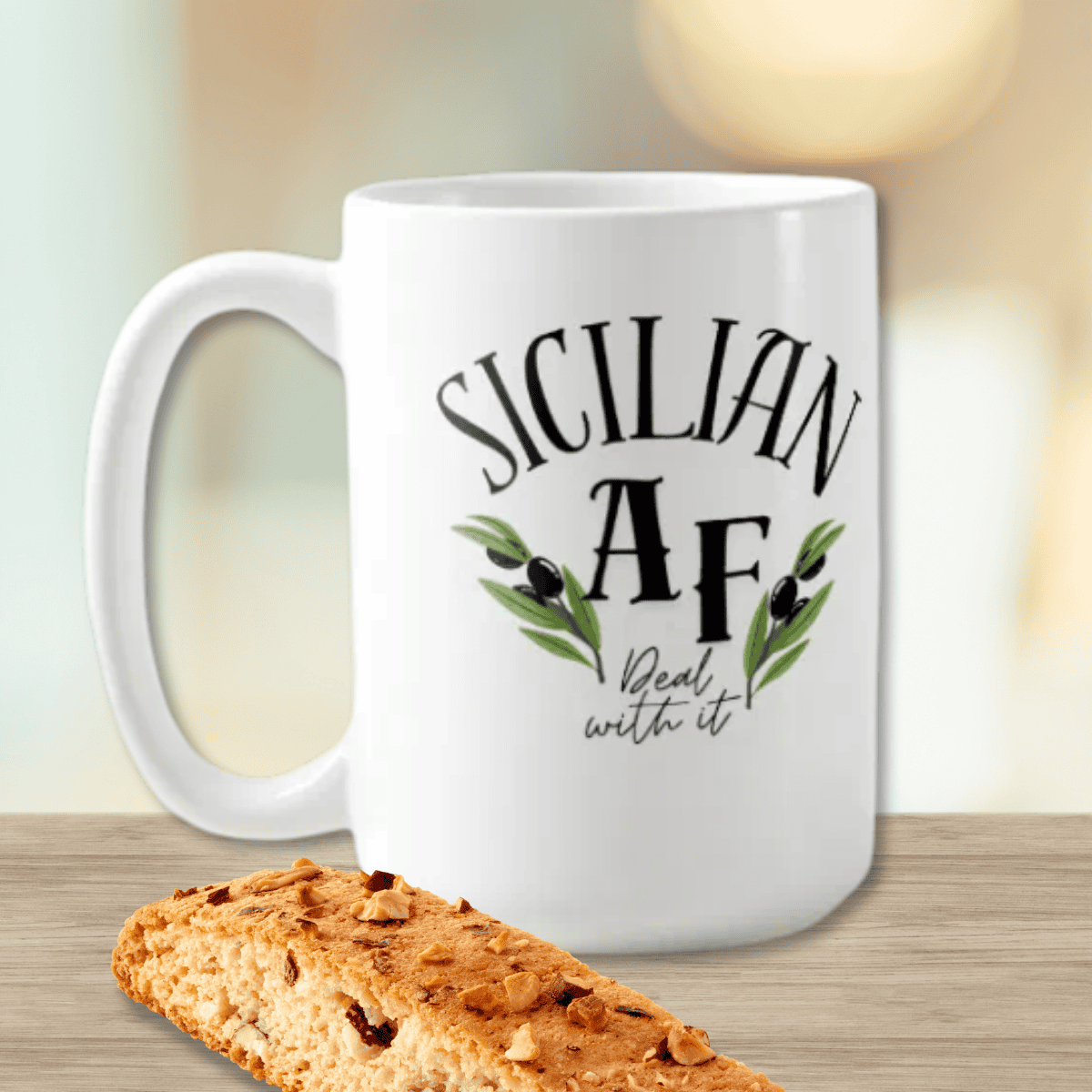 Funny Sicilian AF coffee mug with bold text and olive branch detail, celebrating Italian heritage, confidence, and unapologetic Sicilian attitude