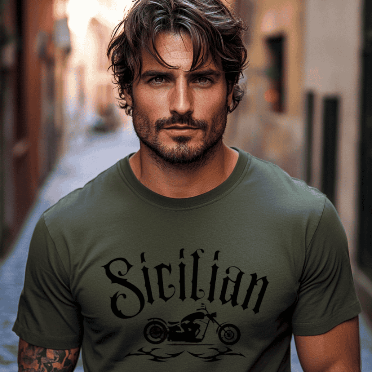 Man wearing a green t-shirt with 'Sicilian' arched tattoo style font and a vintage chopper motorcycle