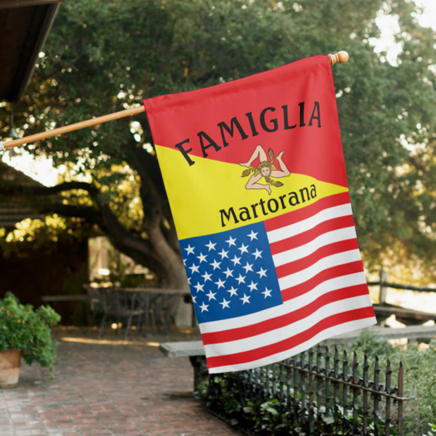Flag of Sicily and American Flag on one house flag with 'Famiglia" and personalized last name. A unique gift for Sicilian American families.