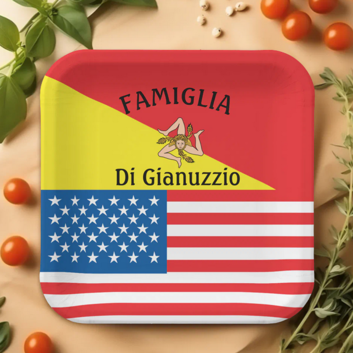 Rectangular plate with Italian and American flag design on a wooden surface with tomatoes and herbs.