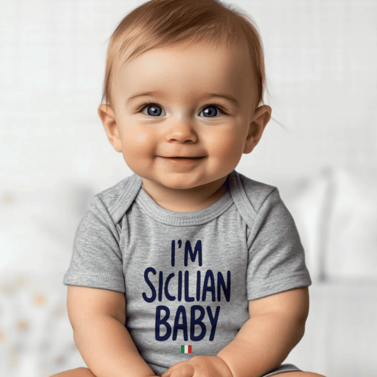 Baby wearing a gray onesie with 'I'm Sicilian Baby' text - Sicily heritage baby gift
