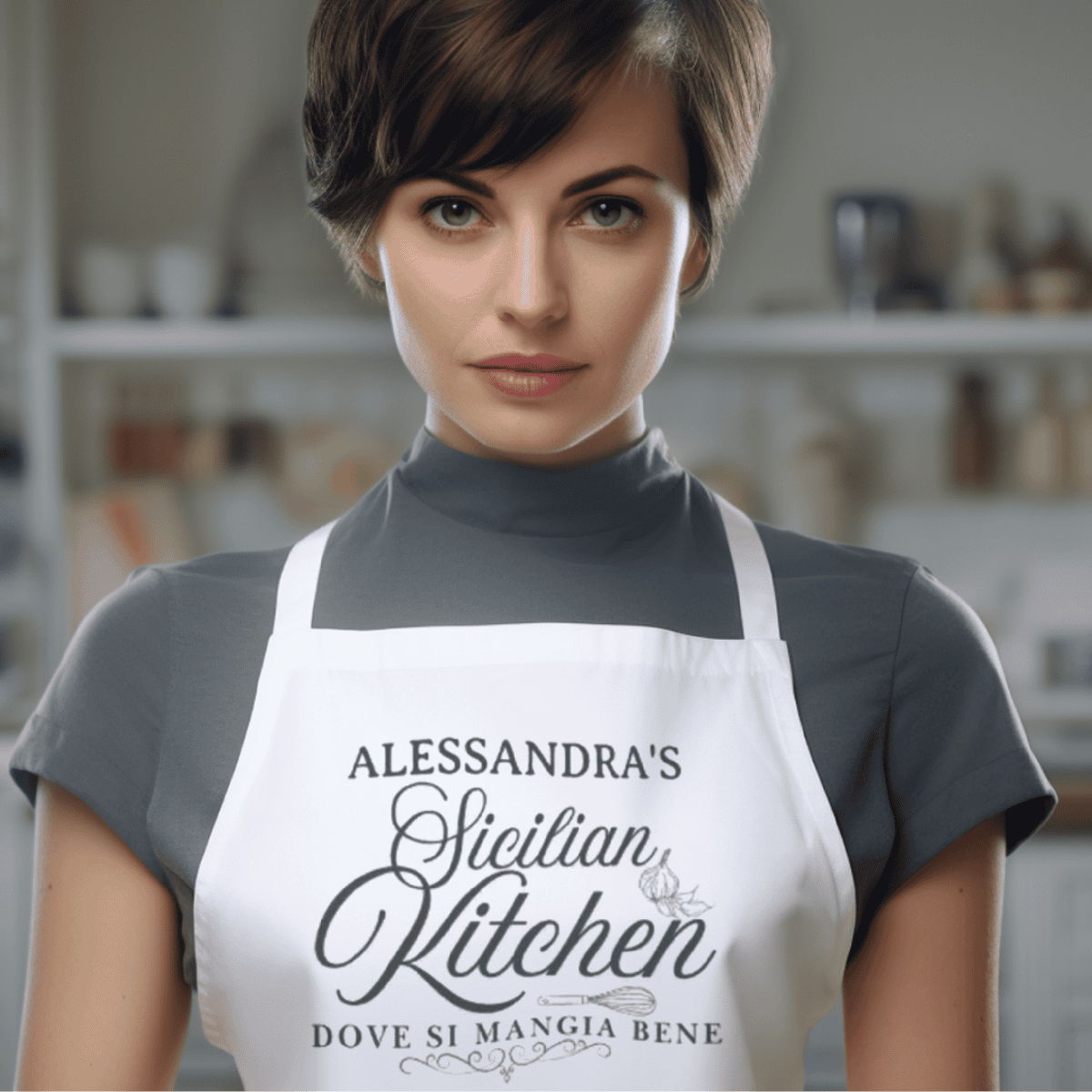 Woman wearing a 'Alessandra's Sicilian Kitchen' (personalized name) apron with classic tyography design. Sicily heritage gift for her, gift for him.