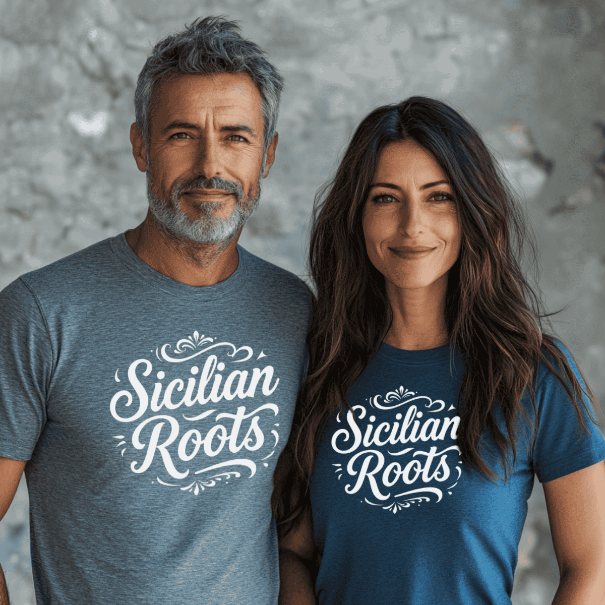 Sicilian Roots design in elegant white script with delicate scrollwork on a basic t-shirt for men, women, and youth, available in multiple colors, celebrating Italian and Sicilian heritage