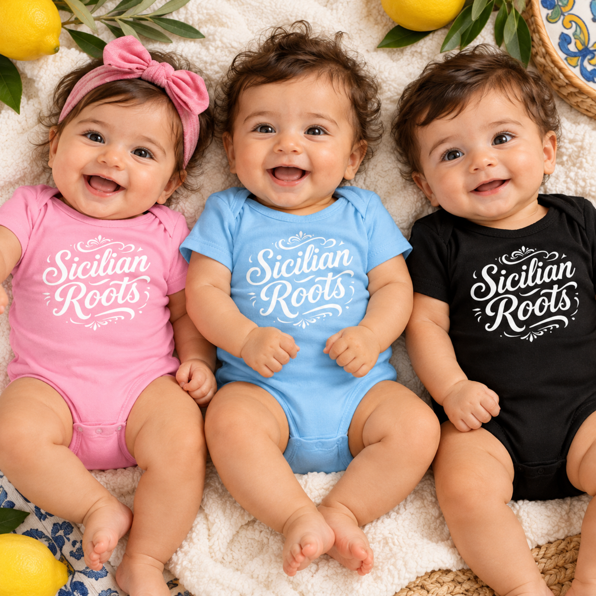 Three adorable Italian babies wearing pink, blue, and black Sicilian Roots onesies, celebrating their Italian heritage.