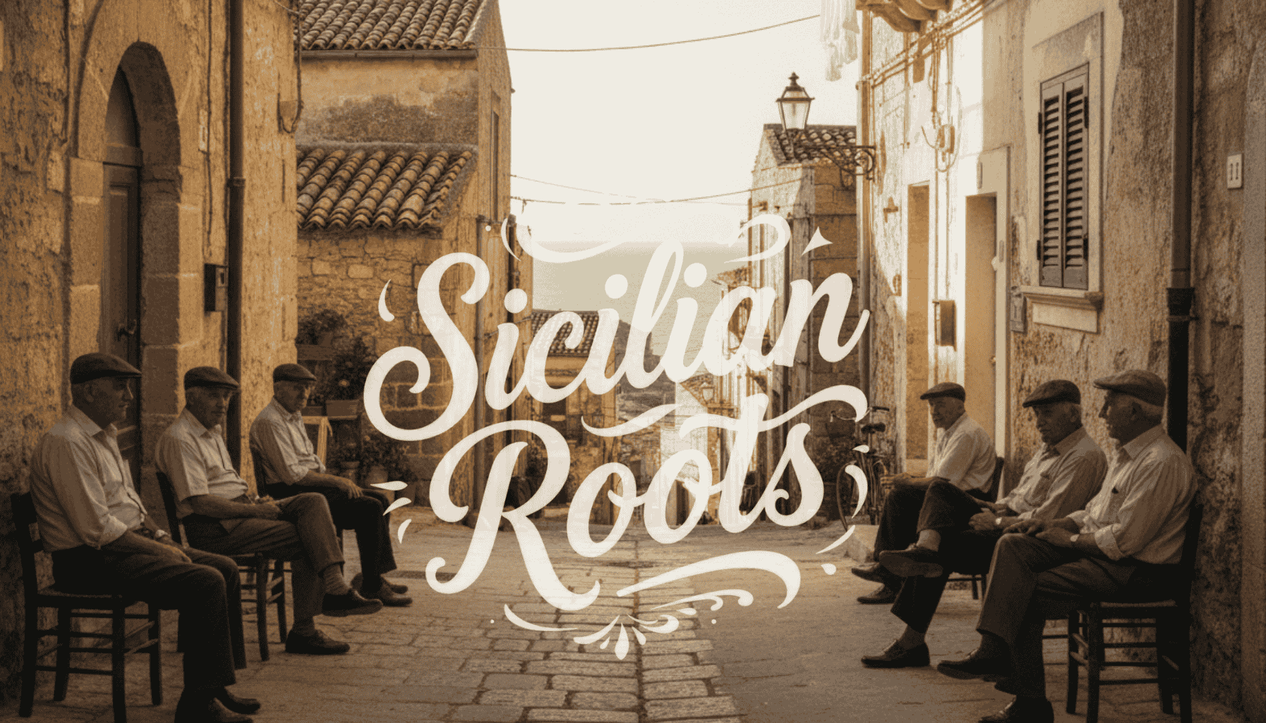 Vintage street scene with people sitting on a bench, overlaid with 'Sicilian Roots' text. Hero banner