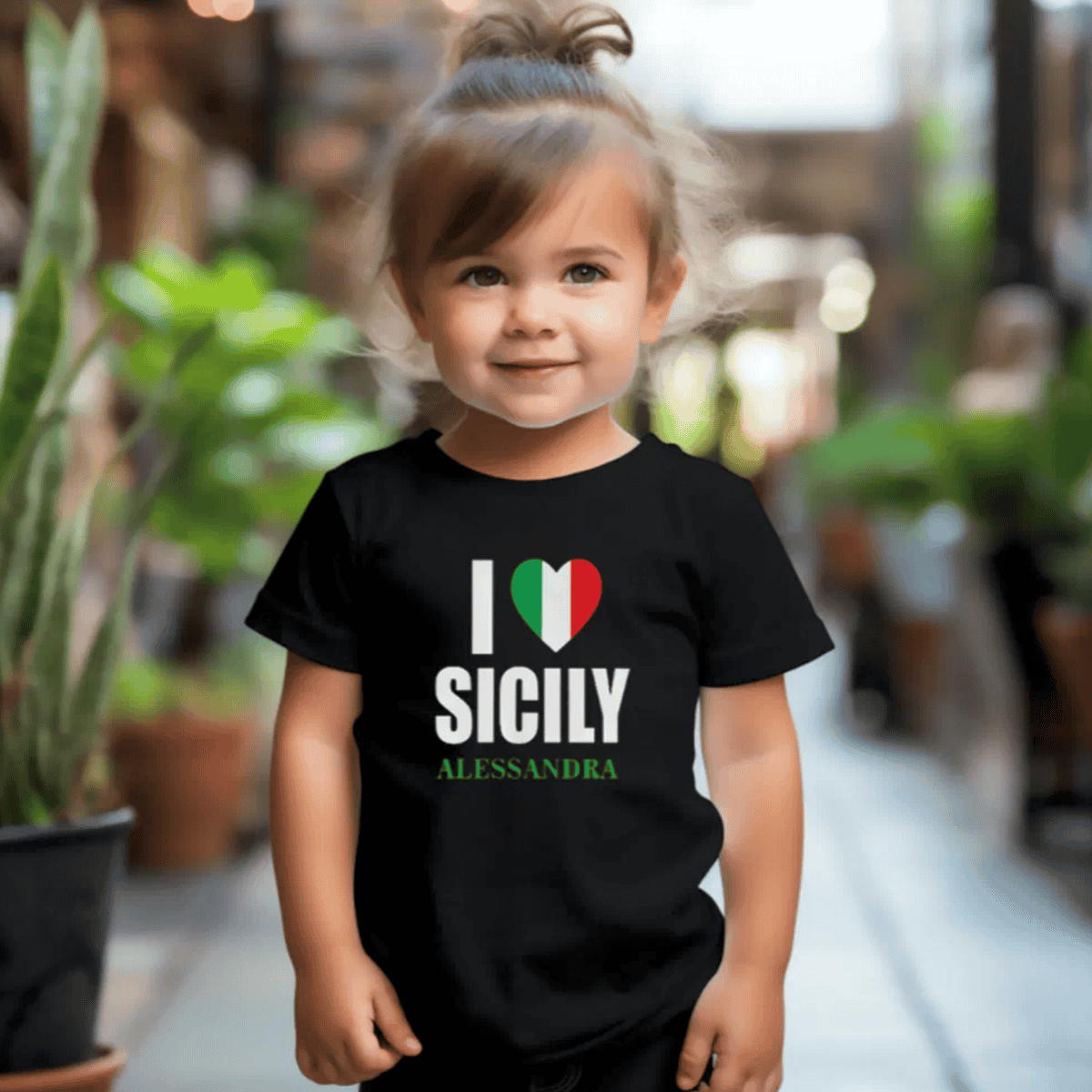 Child wearing a black t-shirt with 'I love Sicily Alessandra' design - personalized Sicilian heritage gift for kids