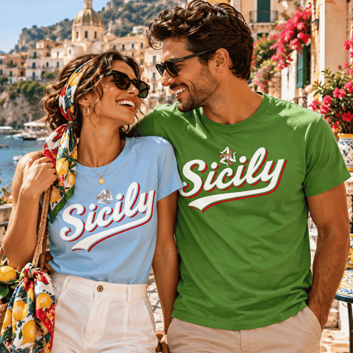 Smiling couple in Sicily wearing matching green and light blue Sicily T-shirts with Trinacria designs, overlooking a sunny Mediterranean coastal village.