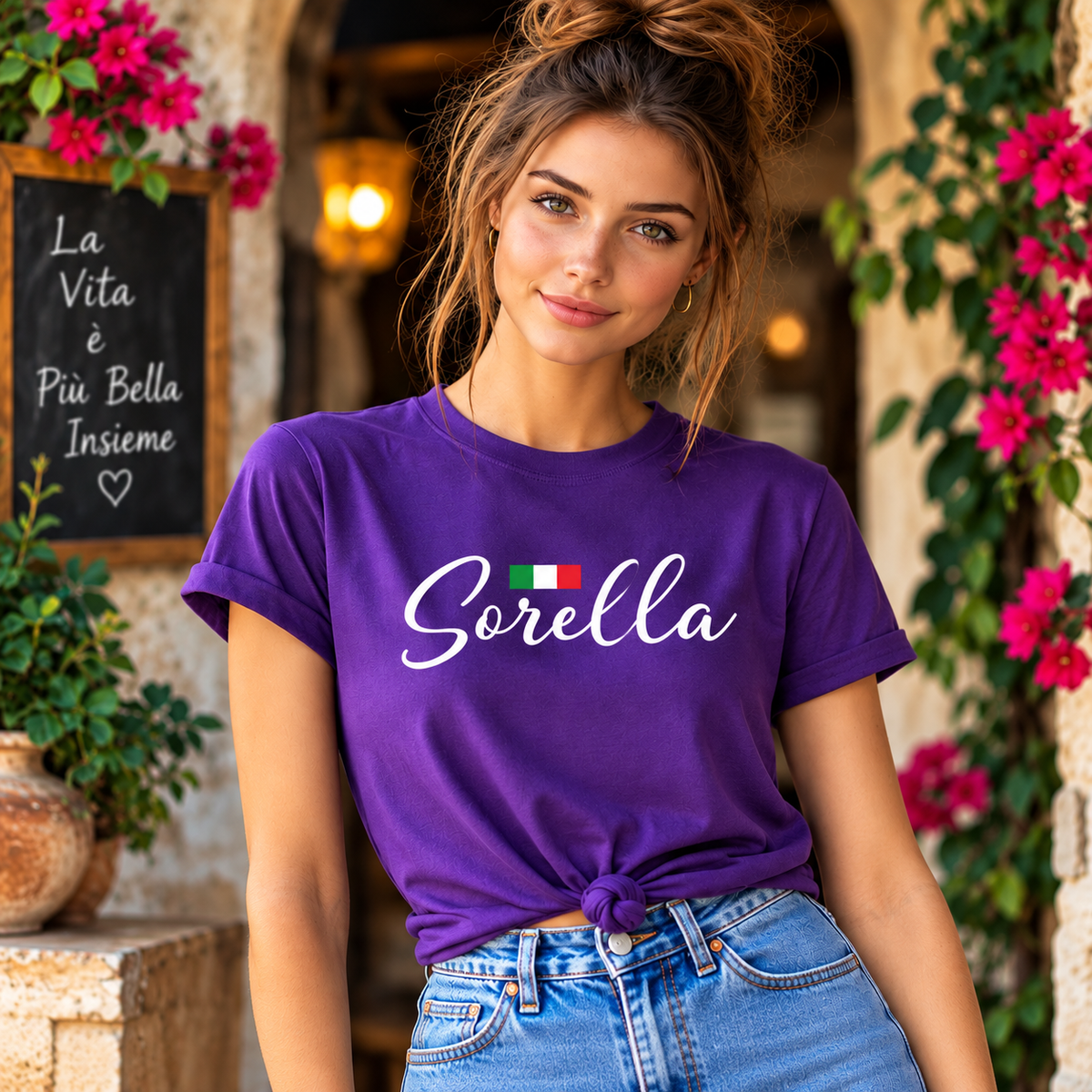 Women's purple Sorella Italian sister T-shirt with Italian flag, stylish Italian heritage apparel and gift for sisters.