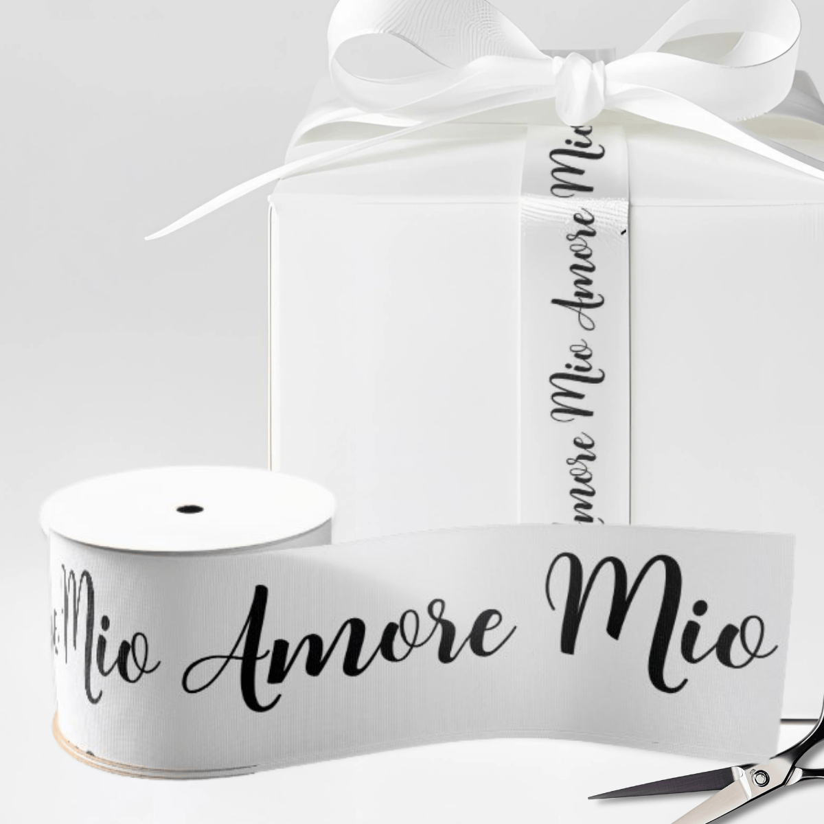 White gift box with 'Mio Amore Mio' black elegant script on white ribbon for Italian wedding, Valentine's Day, baby shower, birthday  or Anniversary gift wrapping