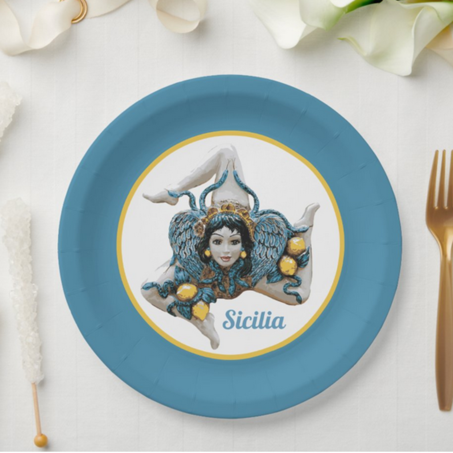 Trinacria plate with blue border, Sicilian heritage symbol. Decorative plate for Sicilian pride, gift for her, gift for him, housewarming gift, kitchen decor. 