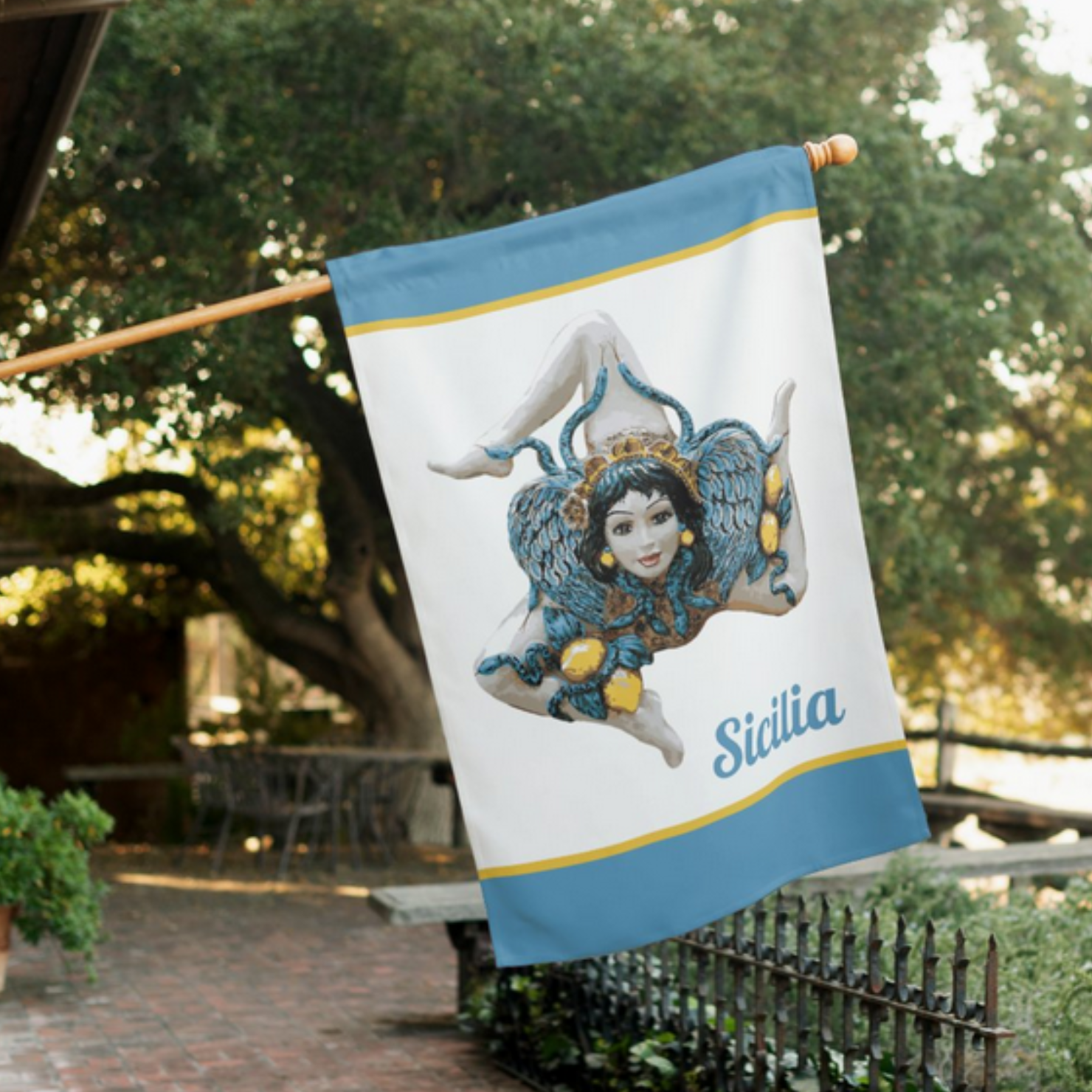 Sicilian Triancria House Flag with custom Sicilia or Sicily script and Blue borders. A friendly welcome flag for people with Sicilian heritage.