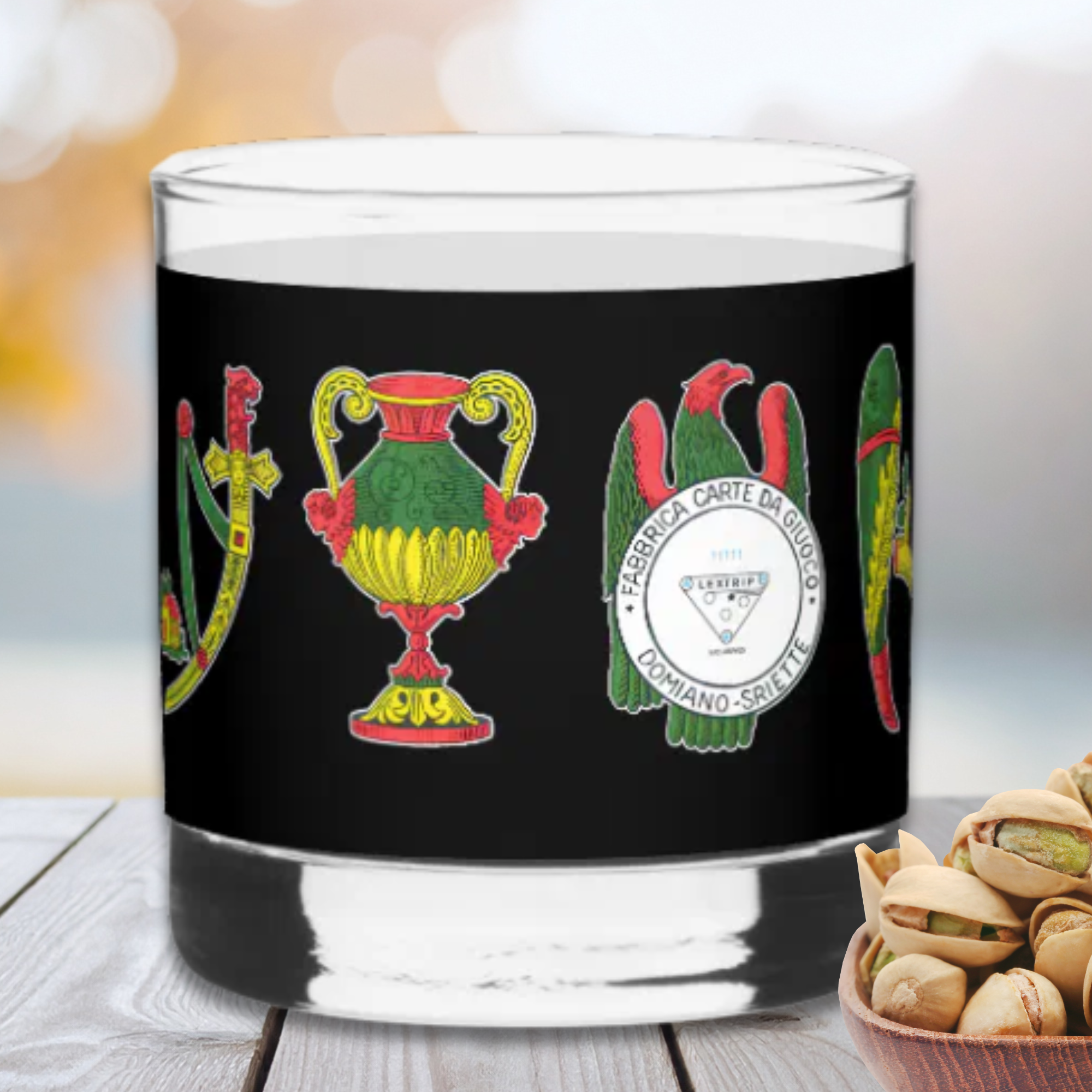  Whisky glass with black banded print featuring four Italian card aces from Scopa and Briscola, Italian card game drinkware gift for him, Father's Day gift, Italian heritage glassware for card players