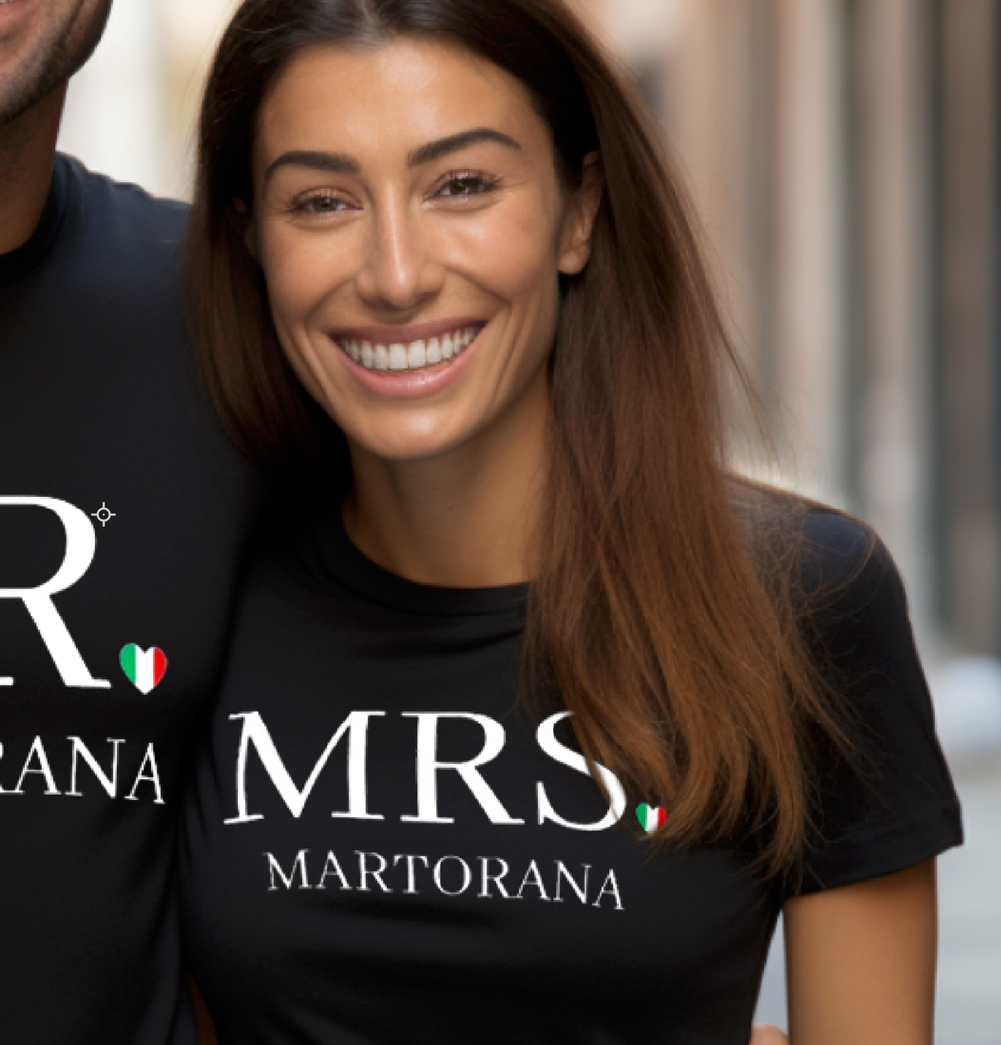 Woman wearing black MRS personalized last name t-shirt with Italian flag heart as period from couples matching set, Italian wedding gift, bridal shower gift, honeymoon gift, anniversary gift, personalized couple apparel